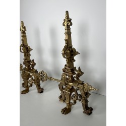 Important Pair of Renaissance Style Bronze Andirons with Connecting Bar