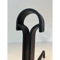 Pair of Modernist Wrought Iron Andirons with Teardrop Loop Finials and Splayed Bases