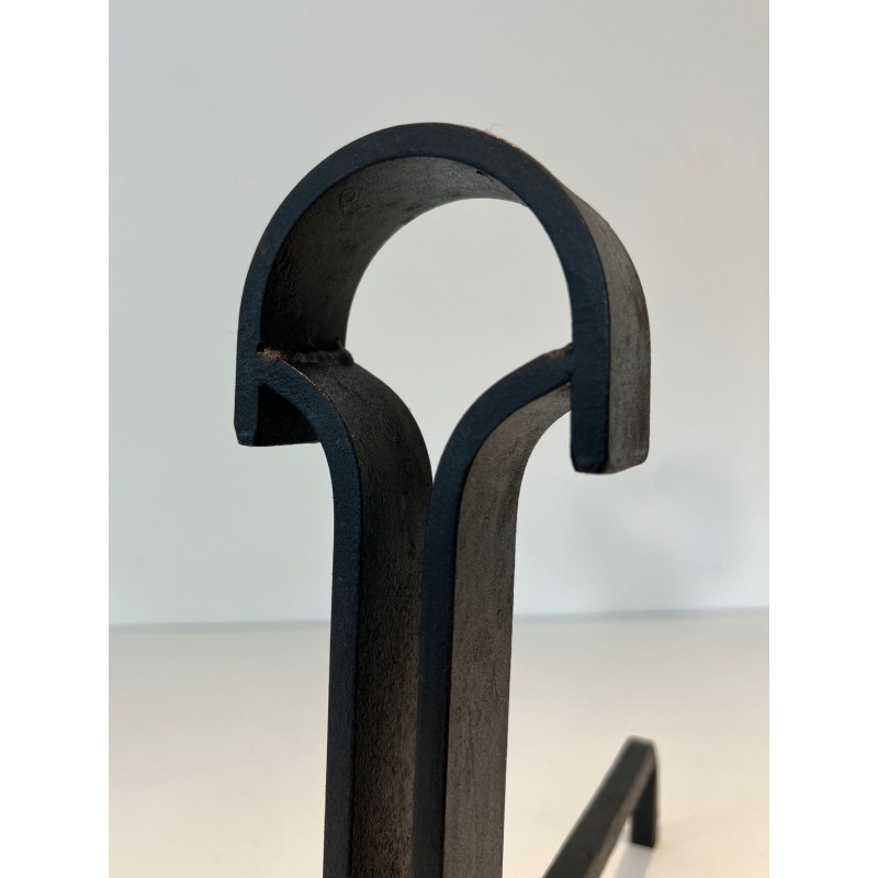 Pair of Modernist Wrought Iron Andirons with Teardrop Loop Finials and Splayed Bases