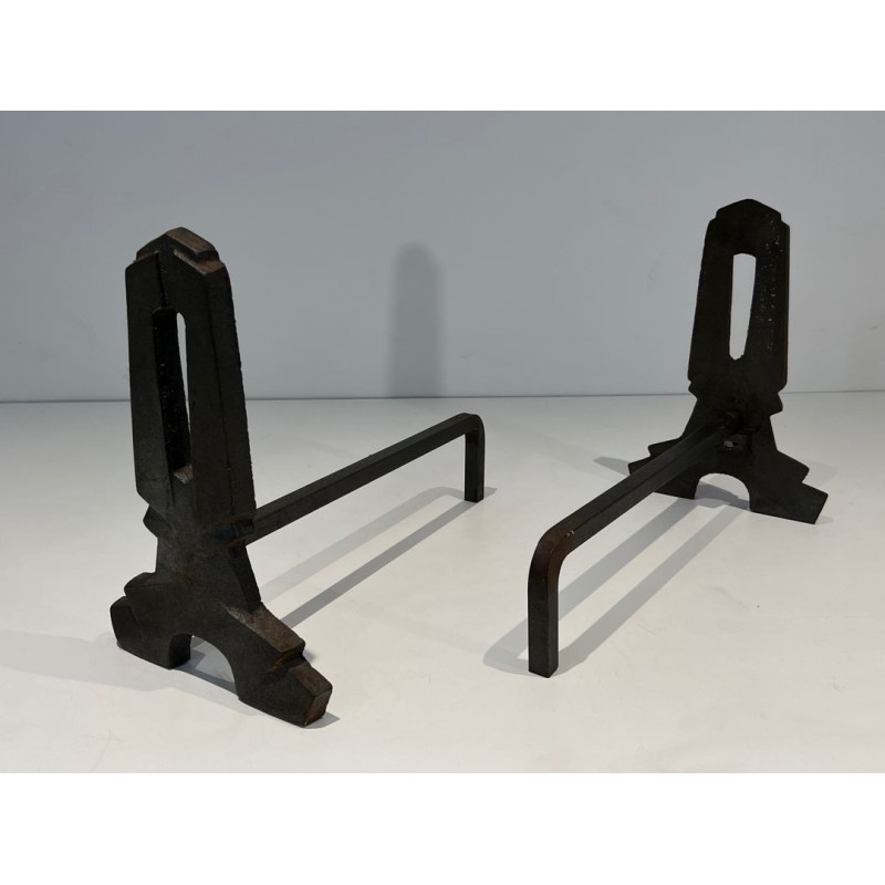 Pair of Modernist Cast Iron Andirons with Rectangular Aperture Uprights and Tripod Bases