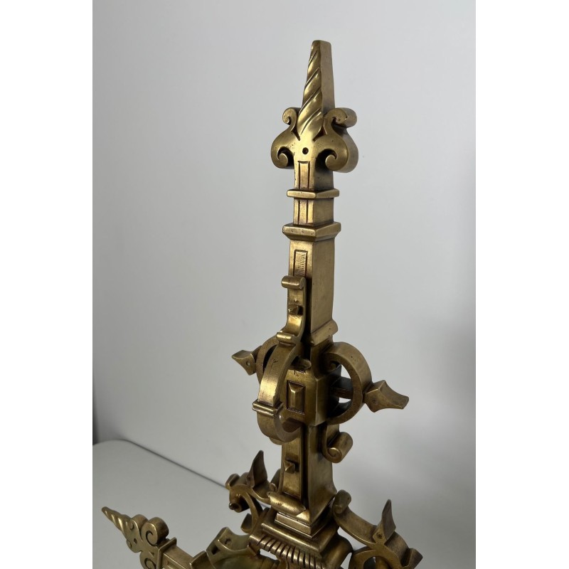 Important Pair of Renaissance Style Bronze Andirons with Connecting Bar