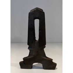 Pair of Modernist Cast Iron Andirons with Rectangular Aperture Uprights and Tripod Bases