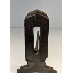 Pair of Modernist Cast Iron Andirons with Rectangular Aperture Uprights and Tripod Bases