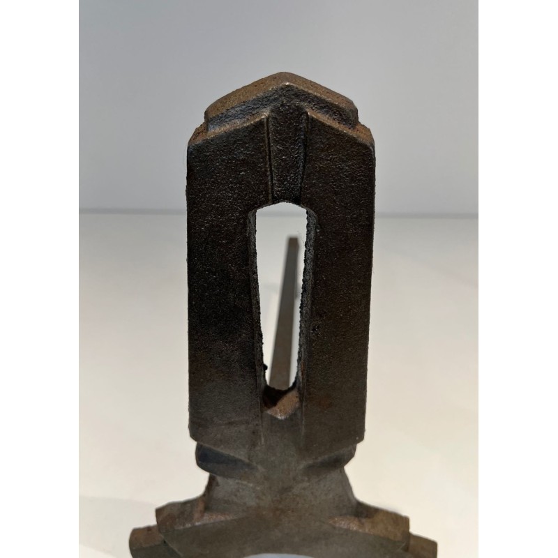 Pair of Modernist Cast Iron Andirons with Rectangular Aperture Uprights and Tripod Bases