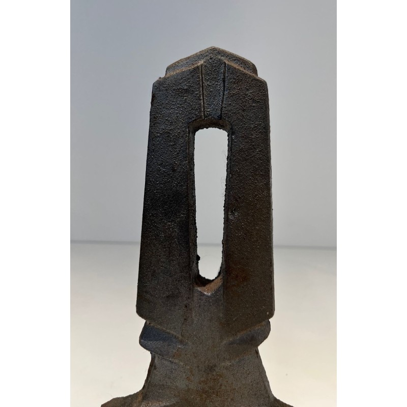 Pair of Modernist Cast Iron Andirons with Rectangular Aperture Uprights and Tripod Bases