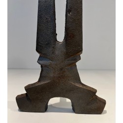 Pair of Modernist Cast Iron Andirons with Rectangular Aperture Uprights and Tripod Bases