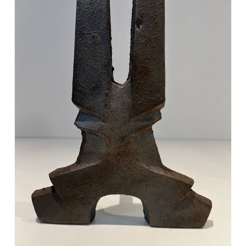 Pair of Modernist Cast Iron Andirons with Rectangular Aperture Uprights and Tripod Bases